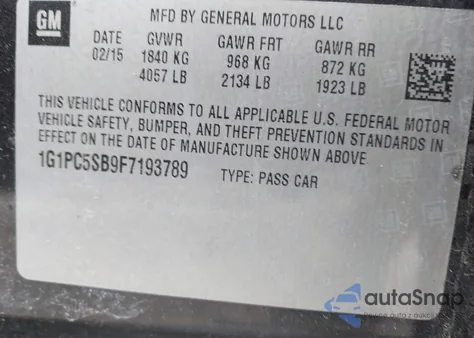 2015 Chevrolet Cruze 1Lt Auto z USA, uszkodzony, nr VIN 1G1PC5SB9F7193789